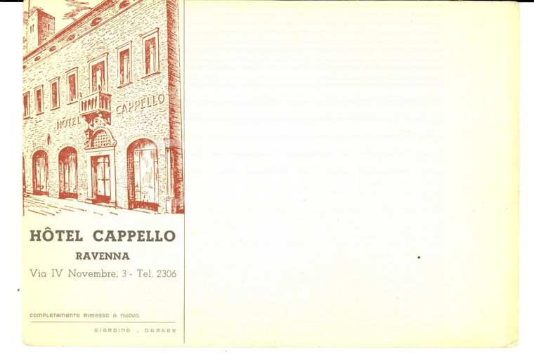 1950 ca RAVENNA Hotel CAPPELLO *Cartoncino pubblicitario VINTAGE 15x10 cm