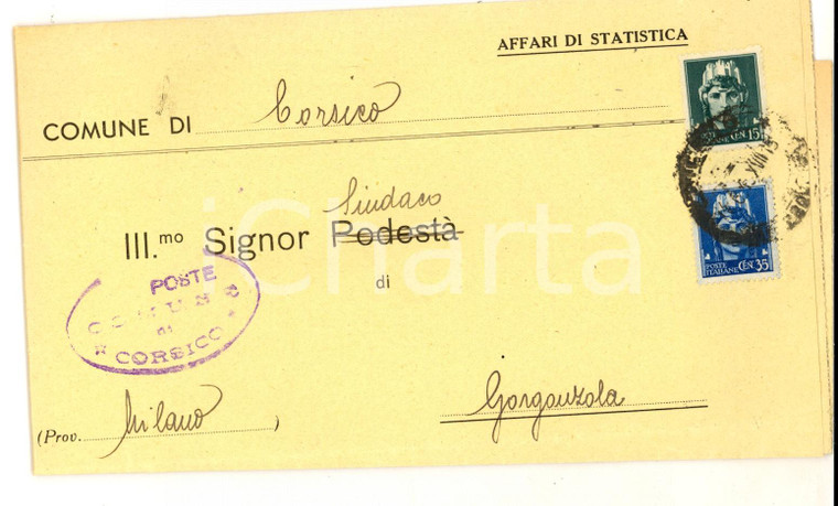 Giugno 1945 STORIA POSTALE CORSICO (MI) Lettera affrancata 35+15 cent. RSI