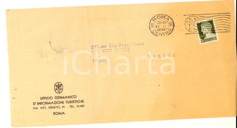 1938 ROMA STORIA POSTALE Busta Ufficio Germanico Informazioni Turistiche