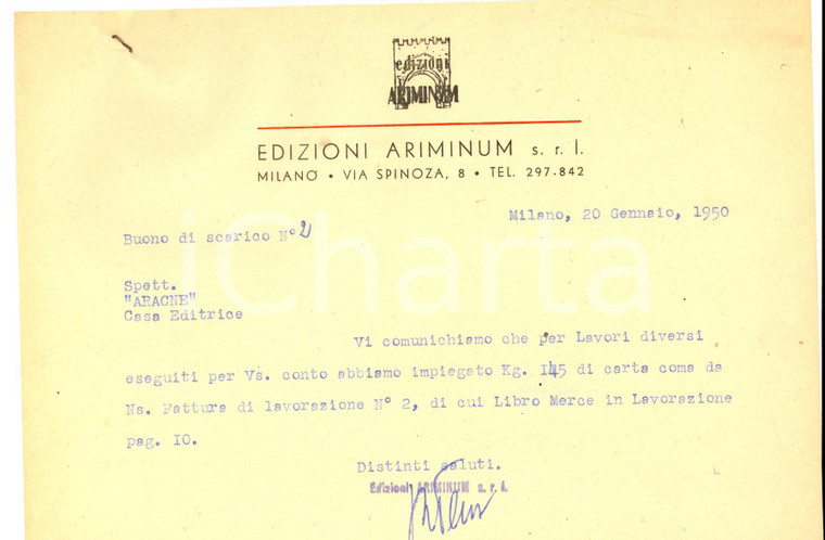 1950 MILANO Edizioni ARIMINUM Lettera commerciale per lavorazione libri