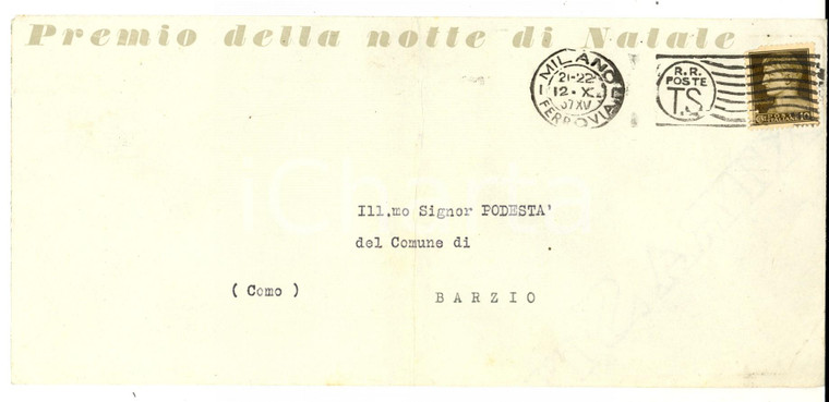 1937 MILANO STORIA POSTALE Busta intestata Premio della NOTTE DI NATALE