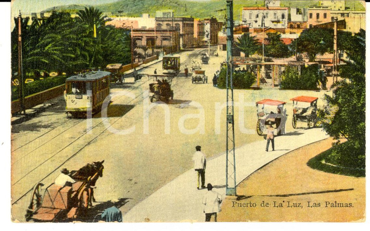 1929 PUERTO DE LA LUZ/ LAS PALMAS Strada ANIMATA con calessi e tram *Cartolina