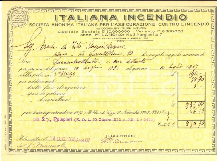 1936 MILANO Assicurazione ITALIANA INCENDIO - Ricevuta premio Eredi ACQUISTAPACE