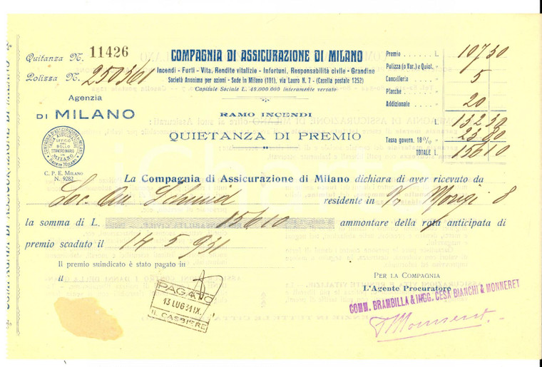 1931 Compagnia di Assicurazione di Milano - Quietanza premio ramo incendi