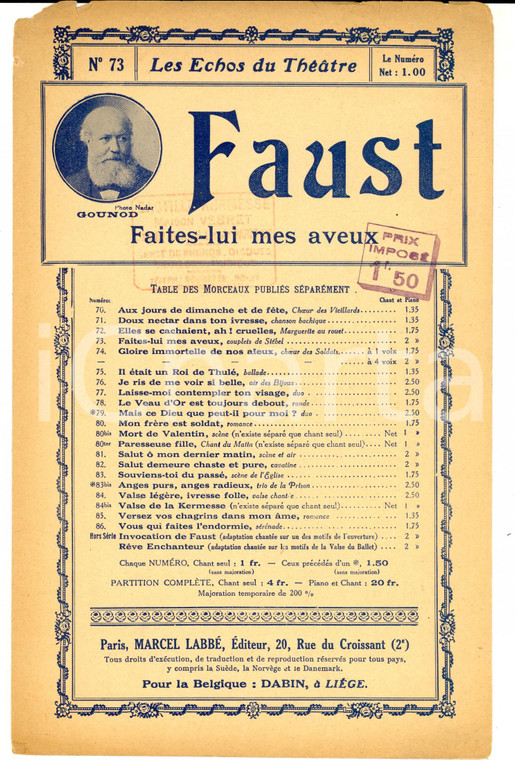 1920 ca Charles GOUNOD Faust - Faites-lui mes aveux *Spartito ed. Marcel LABBE'