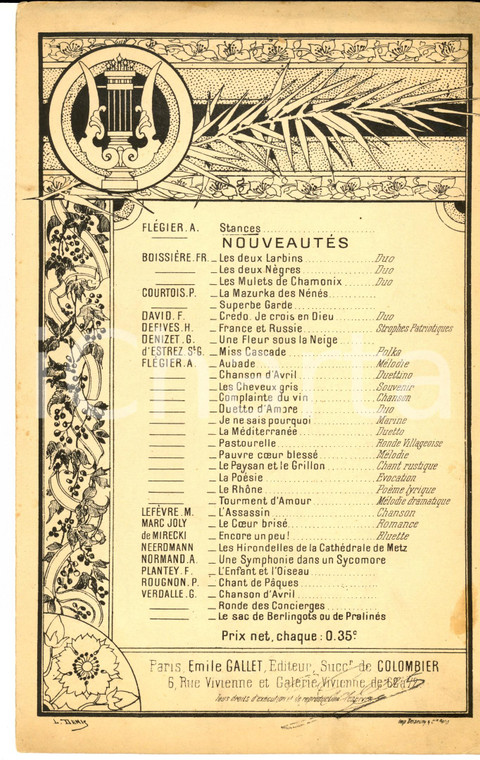 1910 ca Ferdinand LOVIOT - Ange FLEGIER Stances *Spartito ed. Emile GALLET