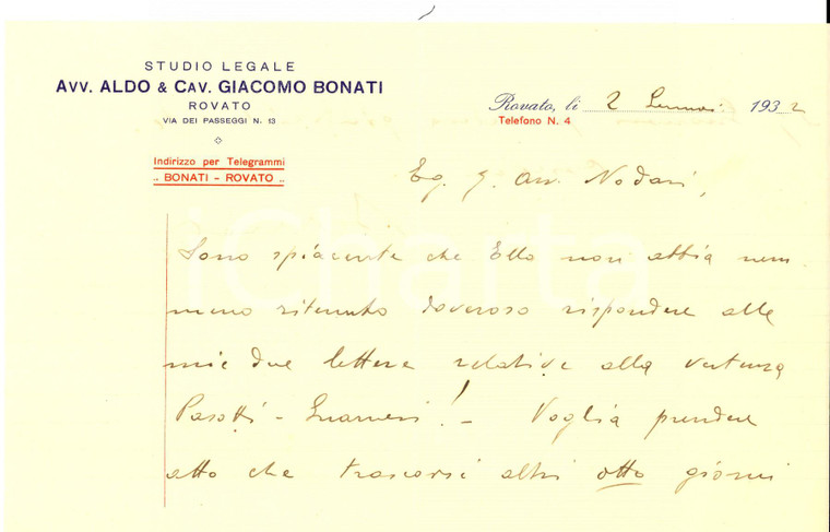 1932 ROVATO (BS) Lettera studio legale avv. Aldo & cav. Giacomo BONATI