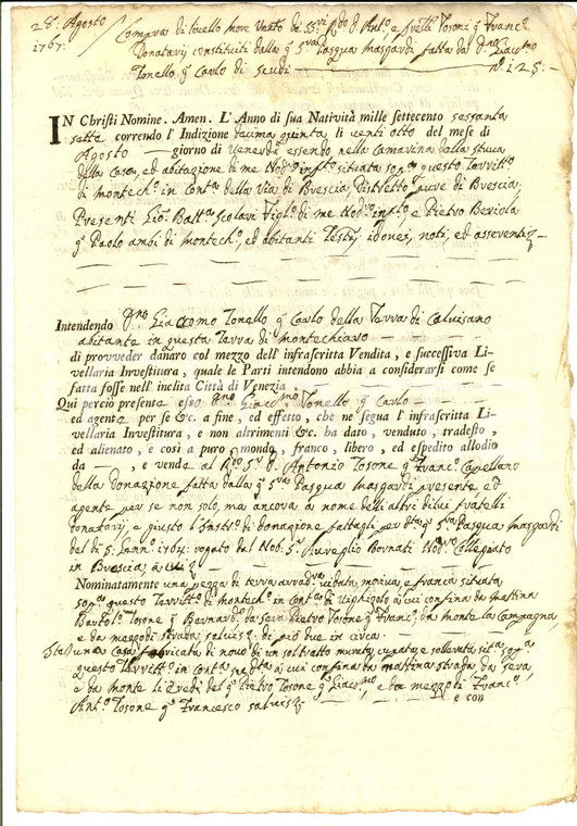 1767 MONTICHIARI (BS) Giacomo TONELLO vende terreno ad Antonio TOSONE