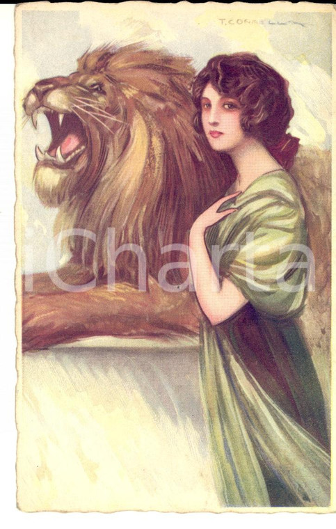1910 ca La fanciulla e il leone *Cartolina ILLUSTRATA T. CORRELL FP NV