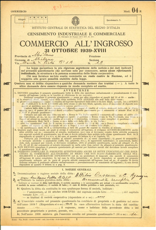 1939 MILANO Censimento commercio ingrosso *Scheda ditta Attilio CASSONI