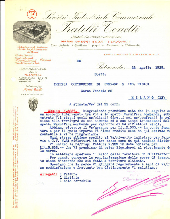 1929 PIETRASANTA (LU) Società Industriale Commerciale Fratelli TONETTI *Lettera