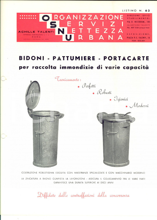 1960 ca ROMA Ditta Achille TALENTI Bidoni e pattumiere *Listino n° 63 ILLUSTRATO