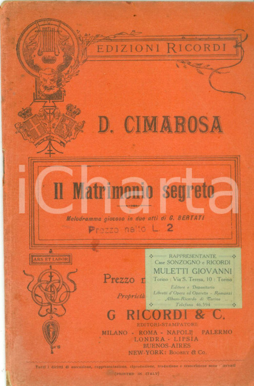 1910 Domenico CIMAROSA Il Matrimonio segreto Melodramma giocoso *Ed. RICORDI