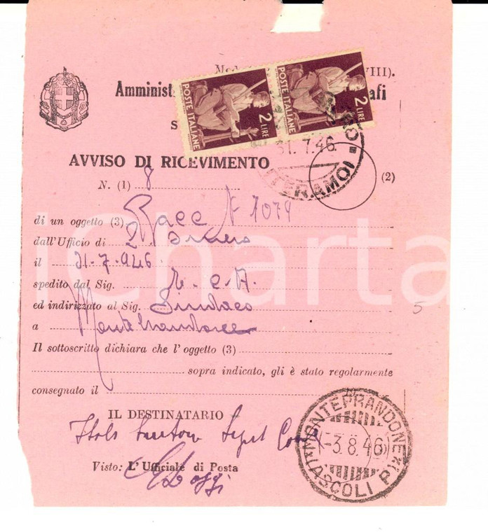 1946 STORIA POSTALE REPUBBLICA Avviso ricevimento - Striscia Lire 2 