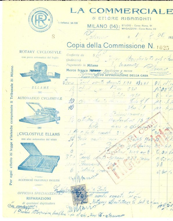 1926 MILANO Ditta LA COMMERCIALE - Cedola commissione su velina