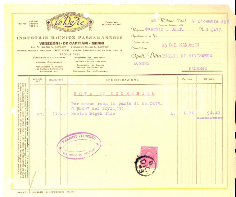 1933 MILANO Ditta VE DE ME Industrie Riunite Passamanerie *Nota di accredito