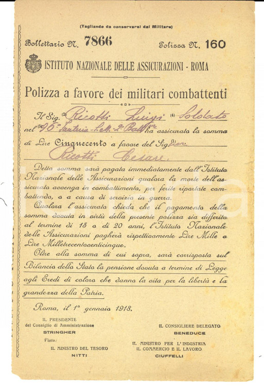 1918 WWI ROMA Istituto Nazionale Assicurazioni - Polizza soldato Luigi RICOTTI