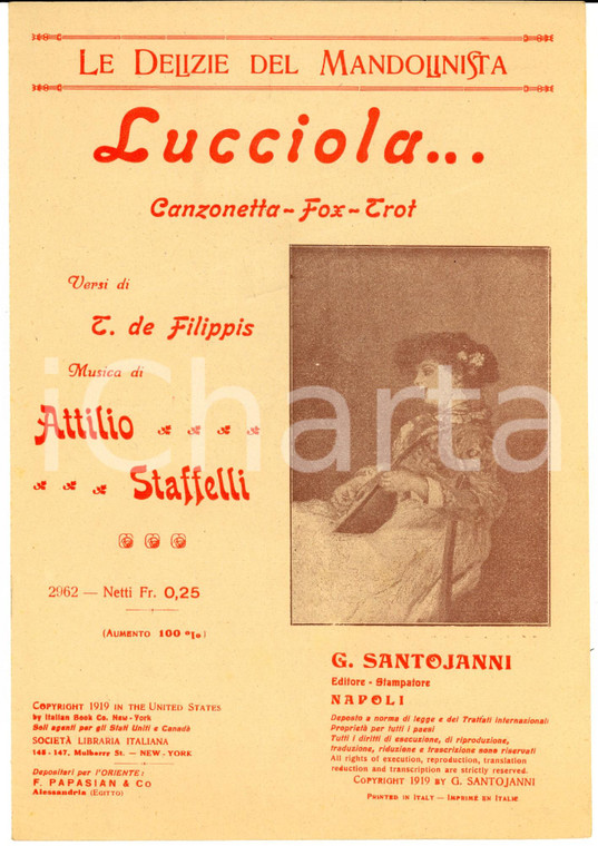 1919 DE FILIPPIS - STAFFELLI Lucciola... Spartito per mandolino *SANTOJANNI