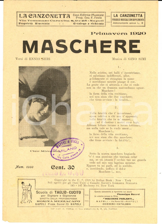 1920 Ennio NERI Gino SIMI Maschere - Cantante Cleo MIRANDA *Volantino spartito