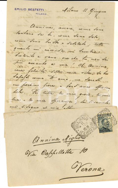 1908 MILANO Lettera Emilio BESTETTI all'amata Annina MIGLIO *Autografo