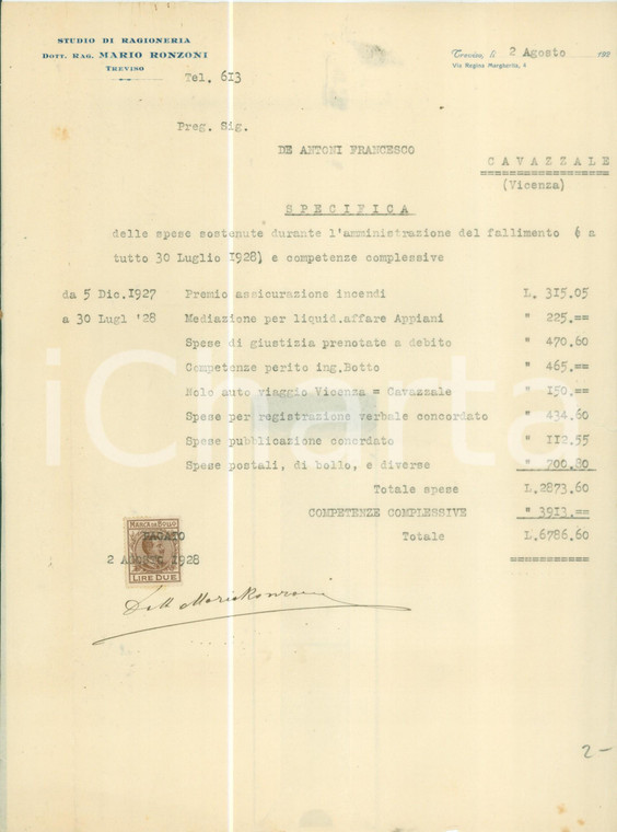 1928 TREVISO Mario RONZONI Studio di ragioneria *Lettera commerciale DANNEGGIATA