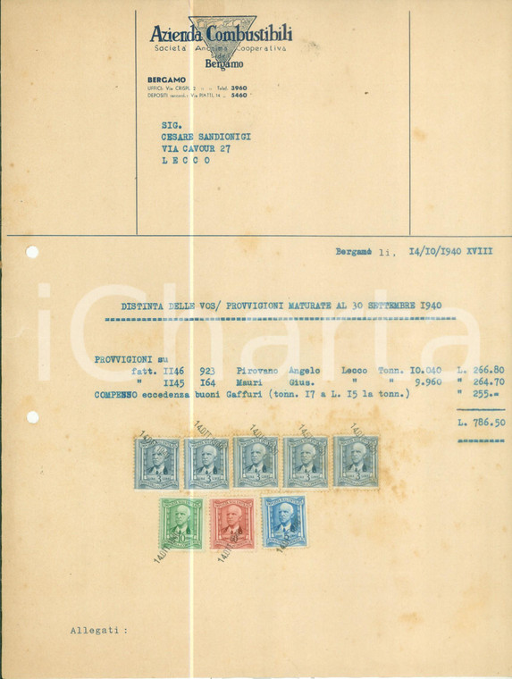 1940 BERGAMO Azienda Combustibili Società Anon. Cooperativa Lettera commerciale