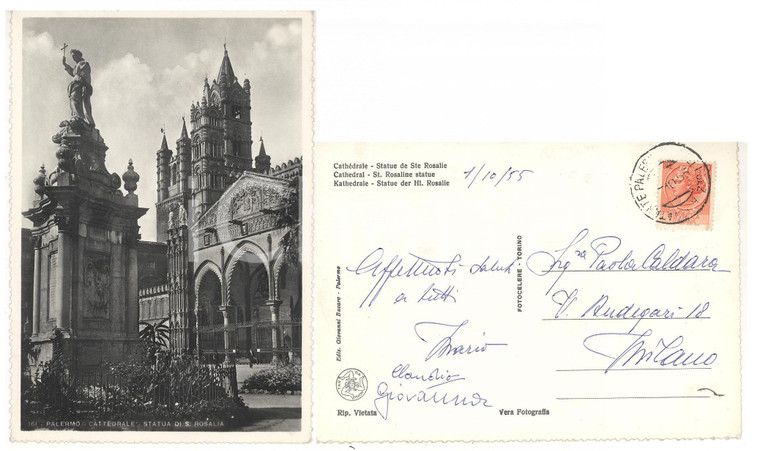 1955 STORIA POSTALE PALERMO Cattedrale - Statua S. Rosalia *Annullo NATANTE 