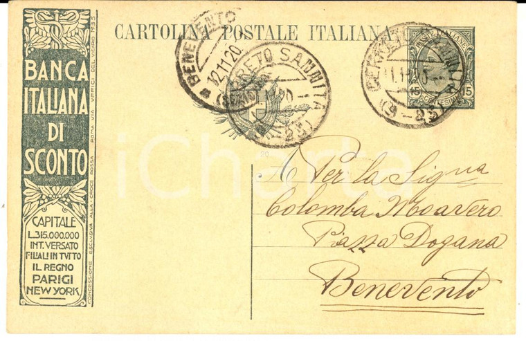 1920 CERRETO SANNITA Cartolina postale pubblicitaria BANCA ITALIANA DI SCONTO