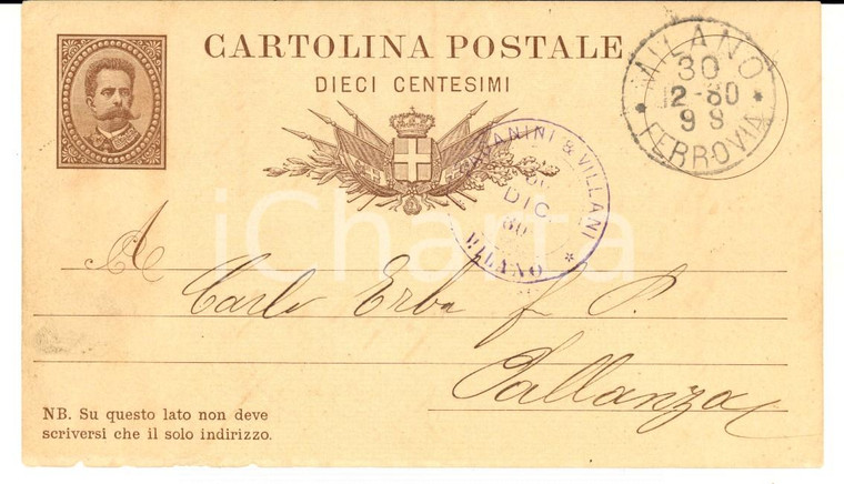 1880 MILANO Ditta PAGANINI & VILLANI - Cartolina a Carlo ERBA PALLANZA