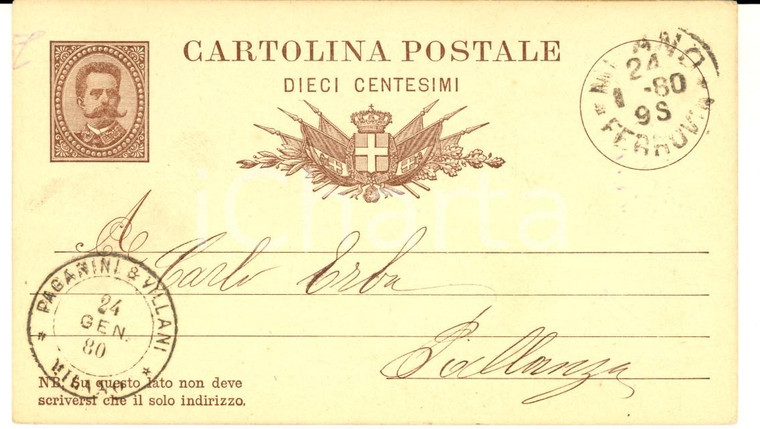 1880 MILANO Ditta PAGANINI & VILLANI *Cartolina postale a Carlo ERBA PALLANZA