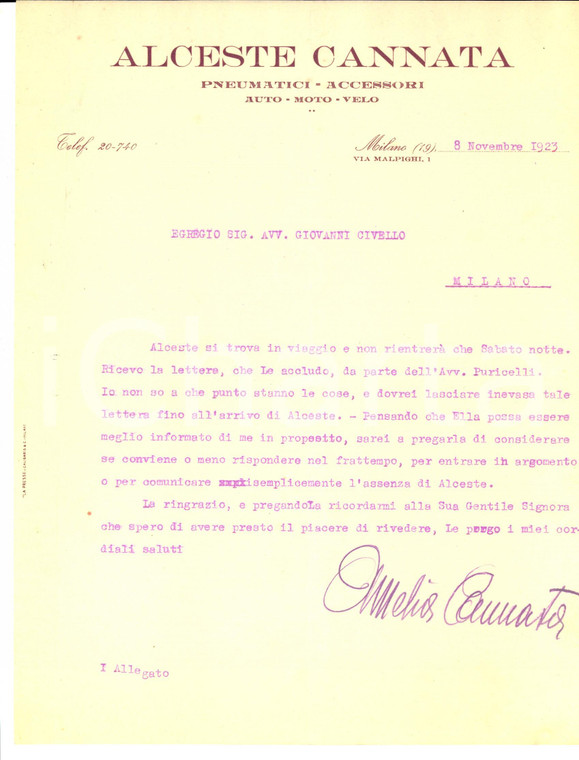 1923 MILANO Ditta Alceste CANNATA Pneumatici e accessori *Lettera della moglie