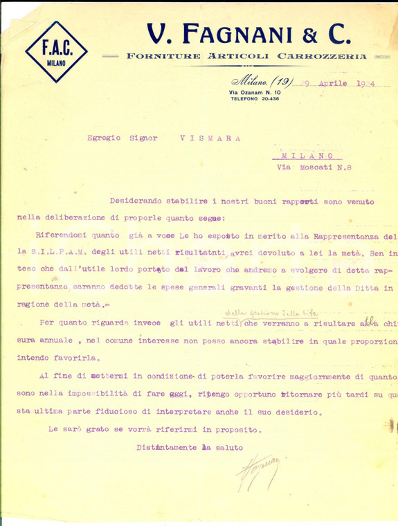 1924 MILANO Ditta V. FAGNANI Articoli carrozzeria *Lettera per rappresentanza