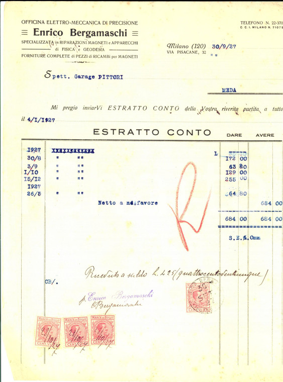 1927 MILANO Officina elettro-meccanica Enrico BERGAMASCHI Estratto conto 