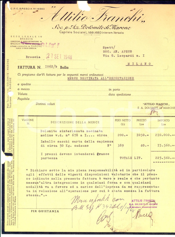 1948 BRESCIA Attilio FRANCHI - Società Dolomite di Marone *Fattura esportazione