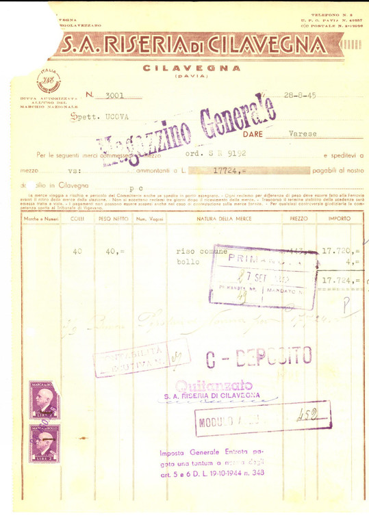 1945 CILAVEGNA (PV) S. A. Riseria di CILAVEGNA - Fattura DANNEGGIATA