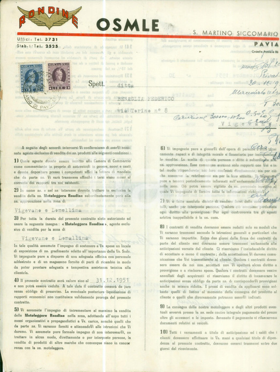 1950 SAN MARTINO SICCOMARIO (PV) Contratto di vendita RONDINE OSMLE *Documento