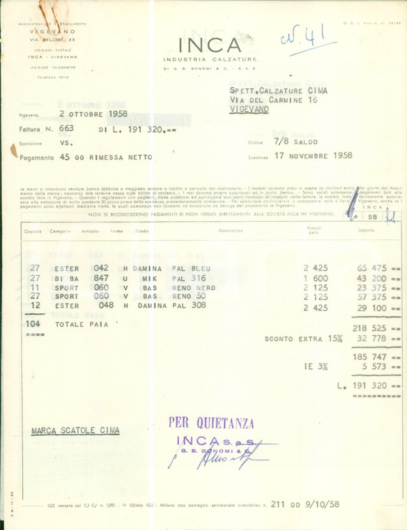 1958 VIGEVANO (PV) Industria calzature INCA Fattura e nota di consegna