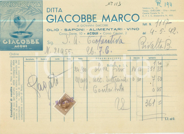 1942 ACQUI TERME (AL) Ditta Marco GIACOBBE Olio saponi Fattura ILLUSTRATA