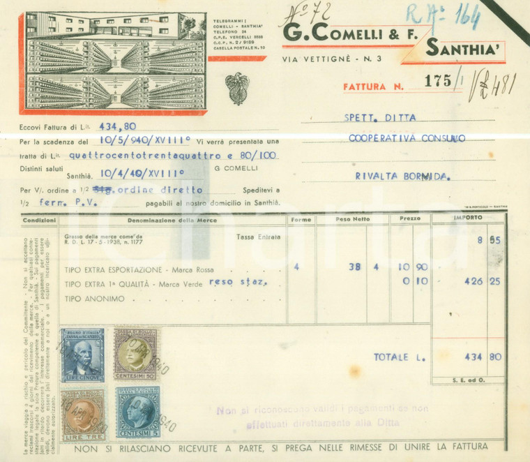1940 SANTHIÀ (VC) Vendita formaggi G. COMELLI *Fattura ILLUSTRATA