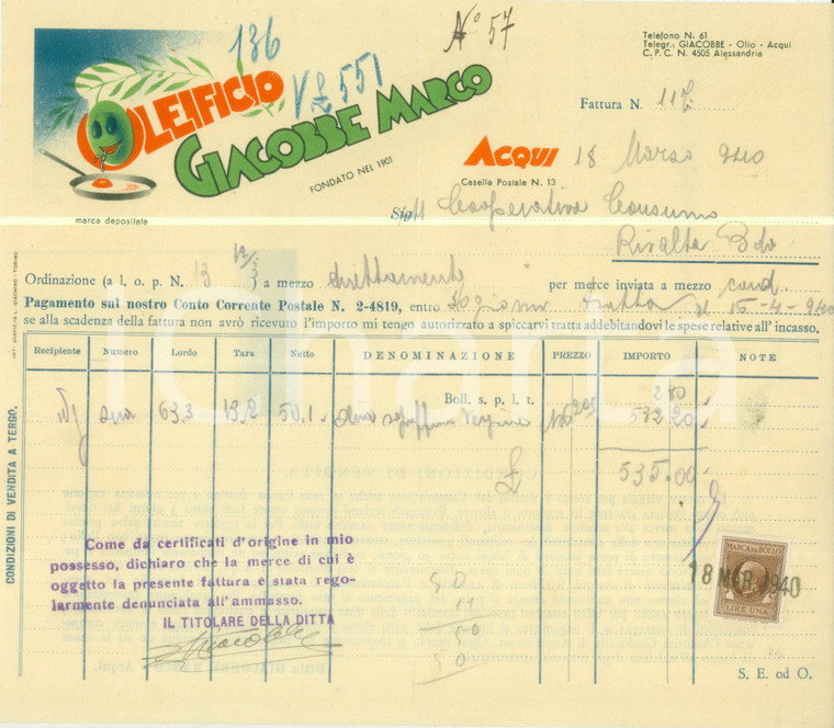 1940 ACQUI TERME (AL) Oleificio Marco GIACOBBE Fattura pubblicitaria ILLUSTRATA
