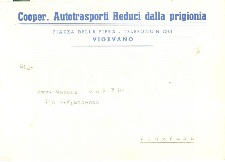 1946 VIGEVANO (PV) Cooperativa Autotrasporti Reduci dalla prigionia *Busta
