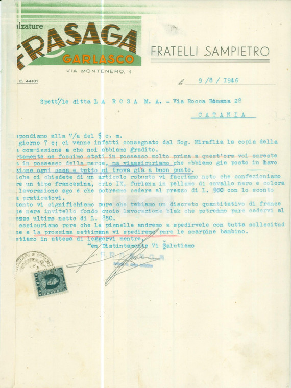 1946 GARLASCO (PV) Calzature FRASAGA Fratelli SAMPIETRO *Lettera commerciale