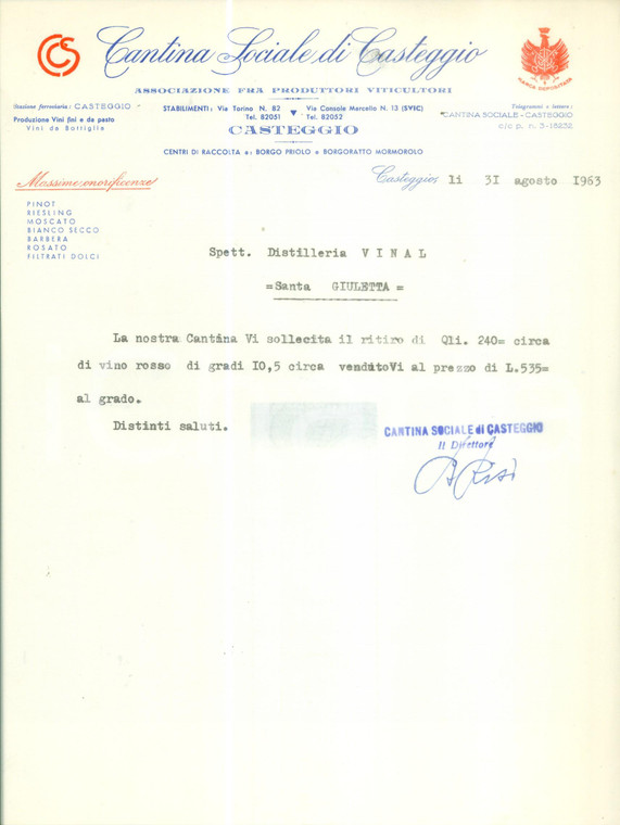 1963 CASTEGGIO (PV) Cantina Sociale sollecita ritiro di vino rosso *Lettera