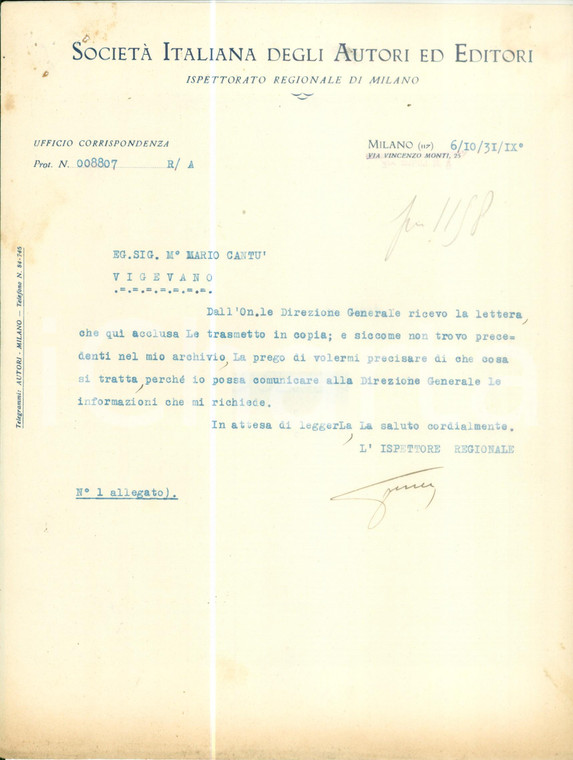 1931 MILANO Società Italiana Autori Editori Lettera intestata