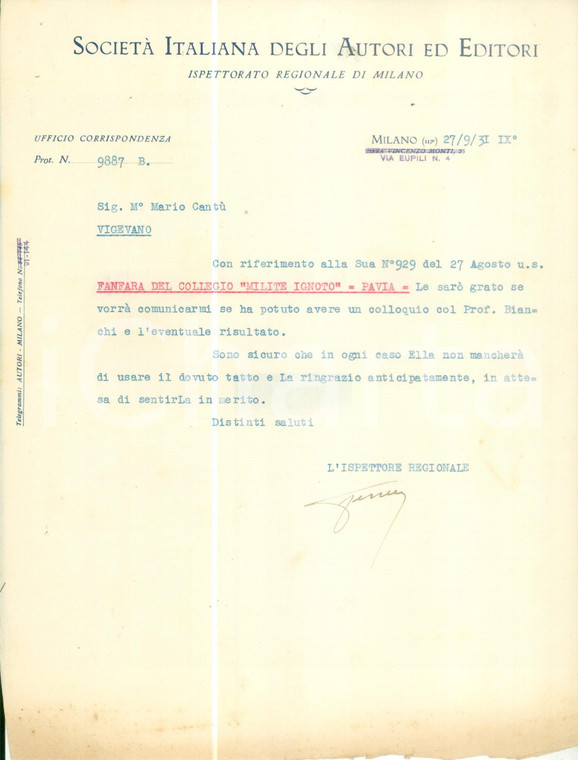 1931 MILANO Società Italiana Autori Editori Lettera pubblicitaria intestata