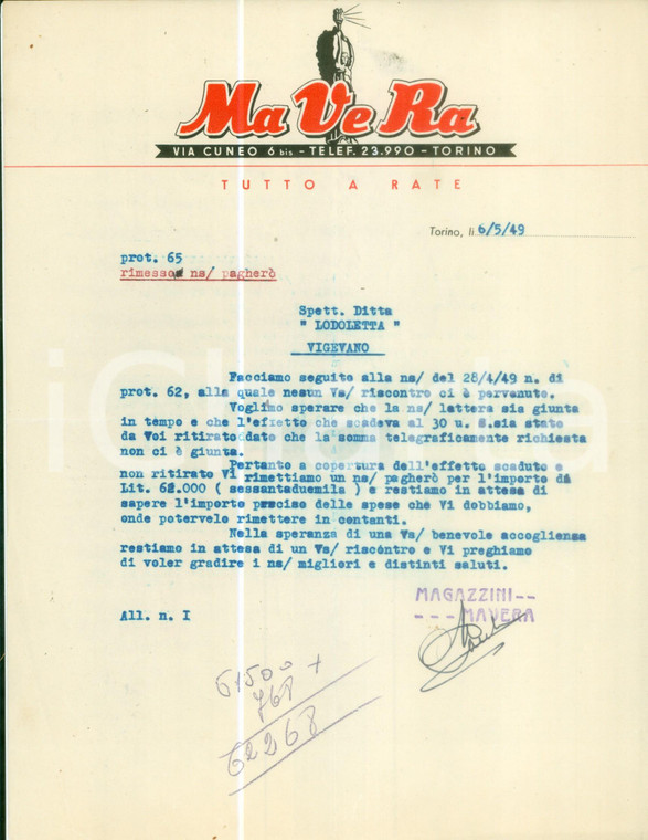 1949 TORINO Magazzini MA VE RA sollecita un pagamento *Lettera commerciale