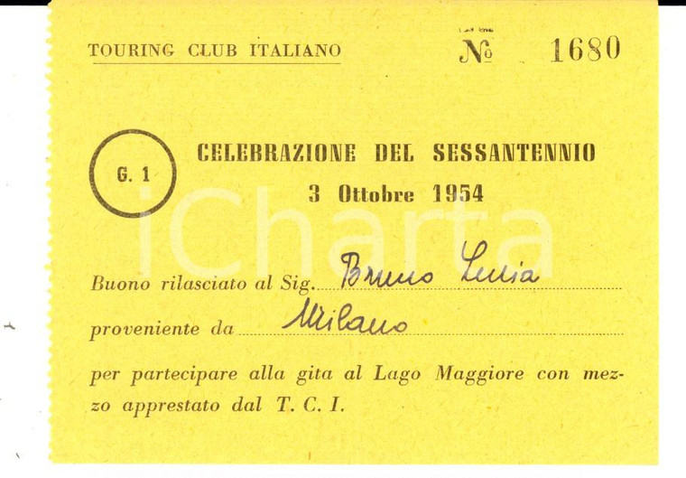 1954 MILANO TOURING CLUB ITALIANO Buono per gita al Lago Maggiore