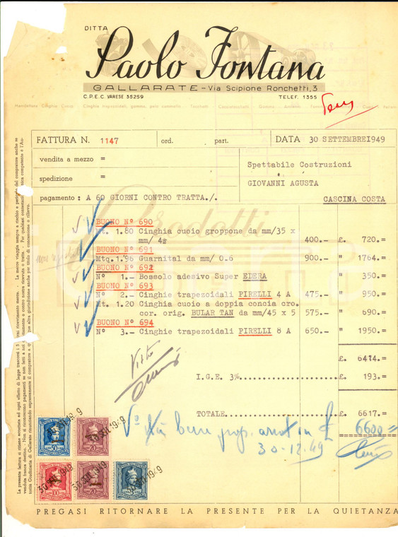 1949 GALLARATE (VA) Paolo FONTANA manifattura cinghie cuoio *Fattura DANNEGGIATA