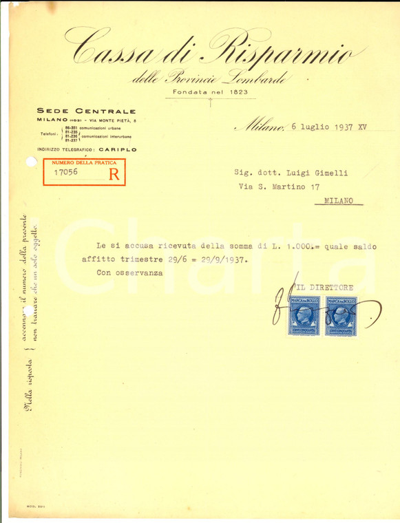 1937 MILANO Cassa di Risparmio delle Provincie Lombarde - Ricevuta con bolli