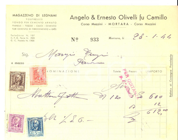 1944 MORTARA Angelo & Ernesto OLIVELLI fu Camillo - Magazzeno legnami *Fattura